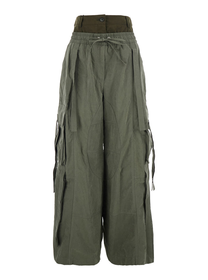 Green Cargo Pants with Elasticated Double Waist in Cotton Blend Woman Polyamide Polyester Trousers