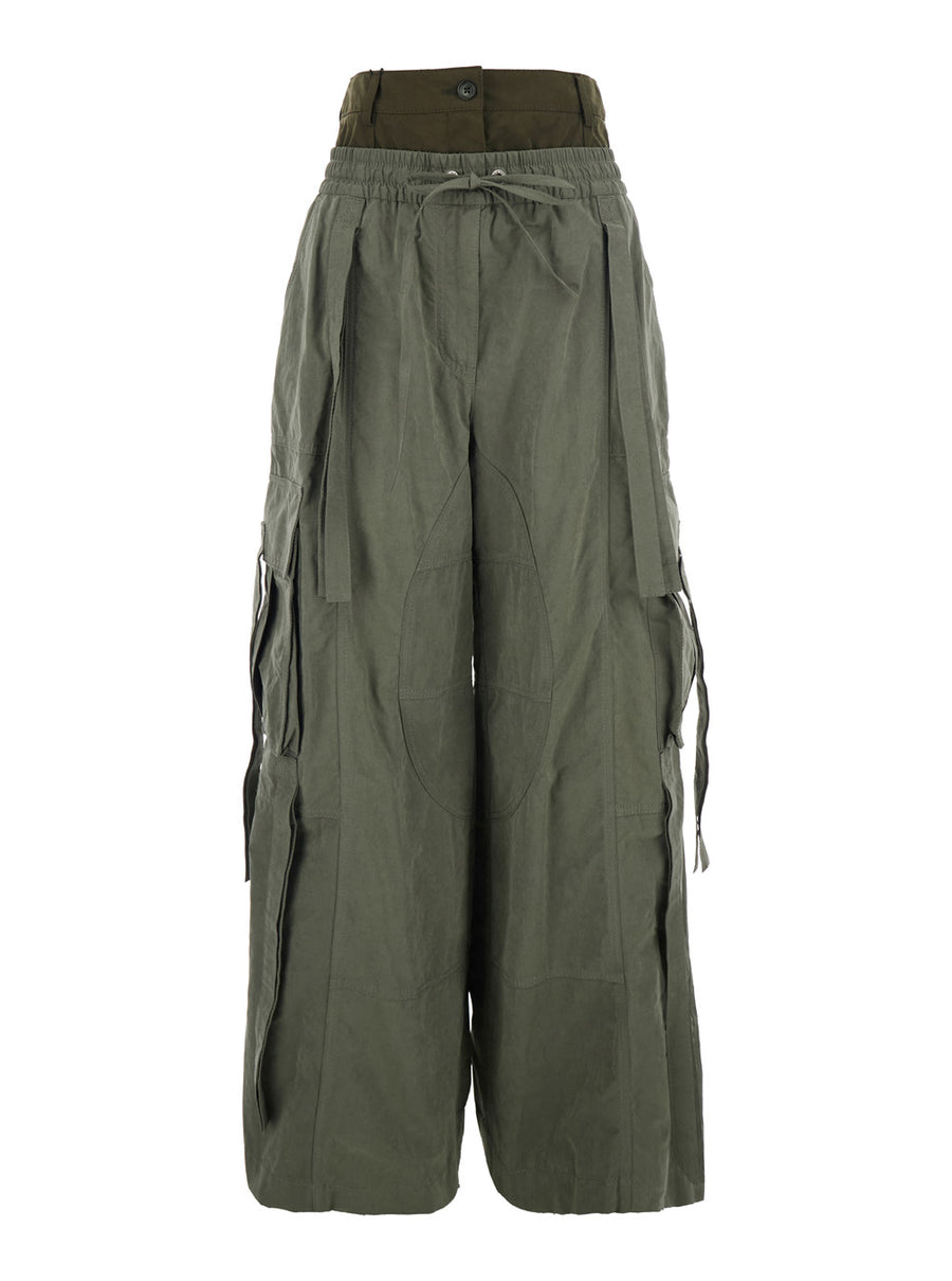 Green Cargo Pants With Elasticated Waist Cotton Trousers