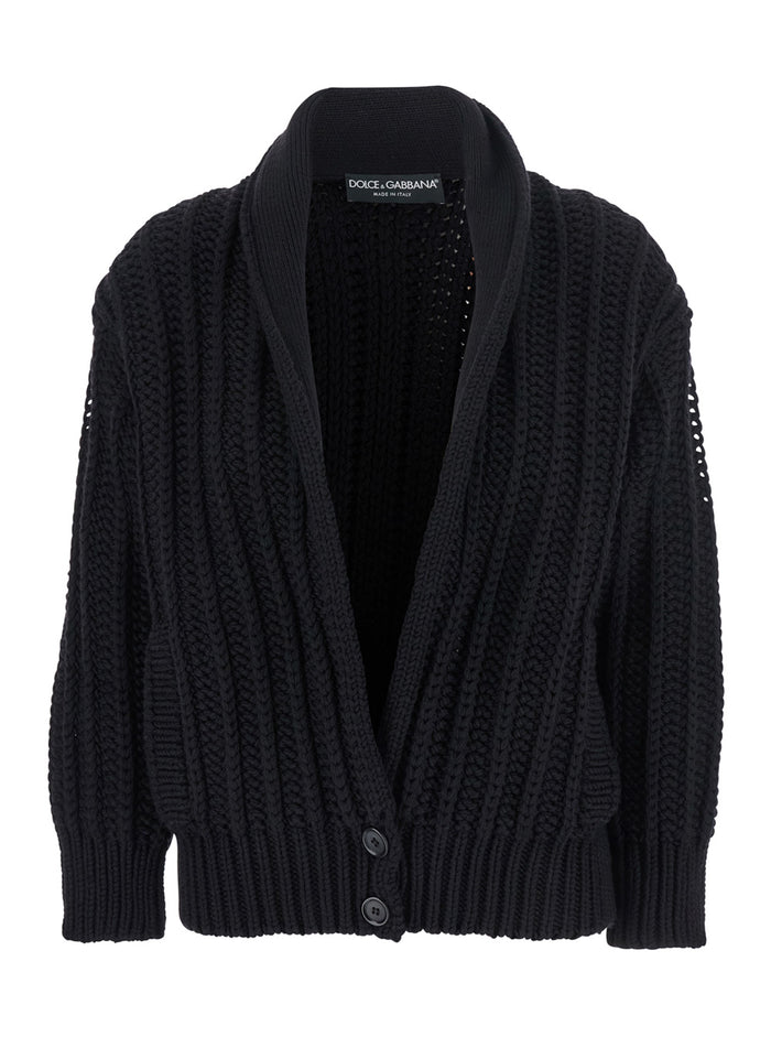 Black Cardigan with Wide Neckline on the Front in Virgin Wool Woman Jersey