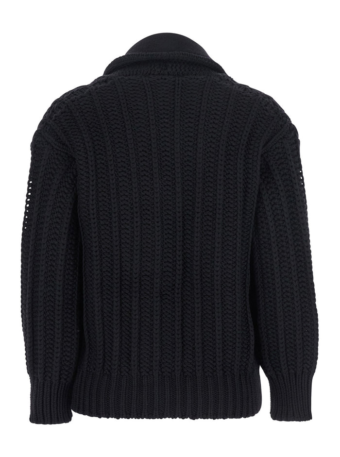 Black Cardigan with Wide Neckline on the Front in Virgin Wool Woman Jersey