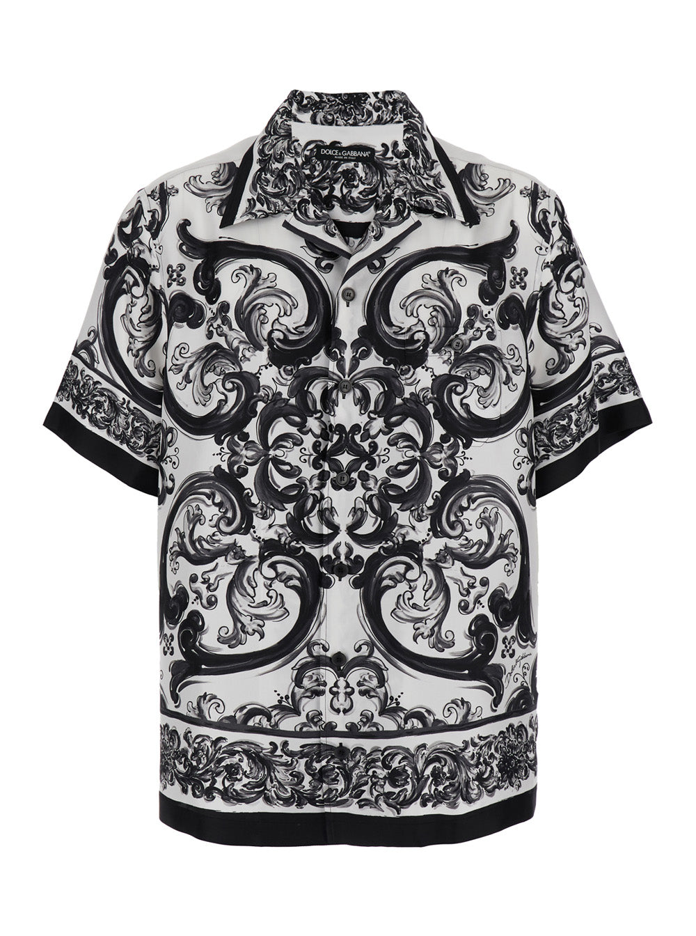 Maiolica Black and White Bowling Shirt with Cuban Collar All-Over Print in Silk Man White/black Blouses