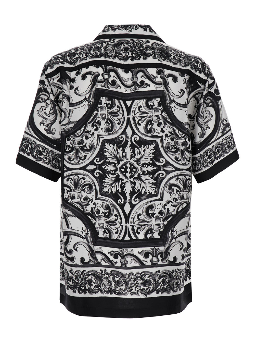 Maiolica Black and White Bowling Shirt with Cuban Collar All-Over Print in Silk Man White/black Blouses