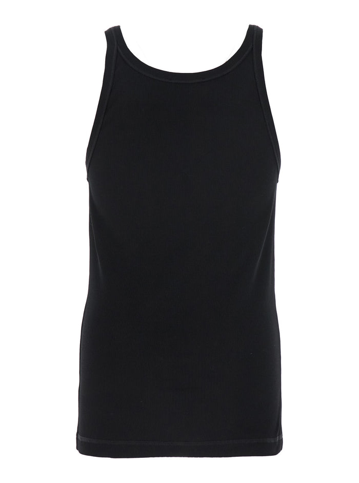 Black Sleeveless Top with Logo Embroidery on the Front and Ribbed Knit in Cotton Man Tops