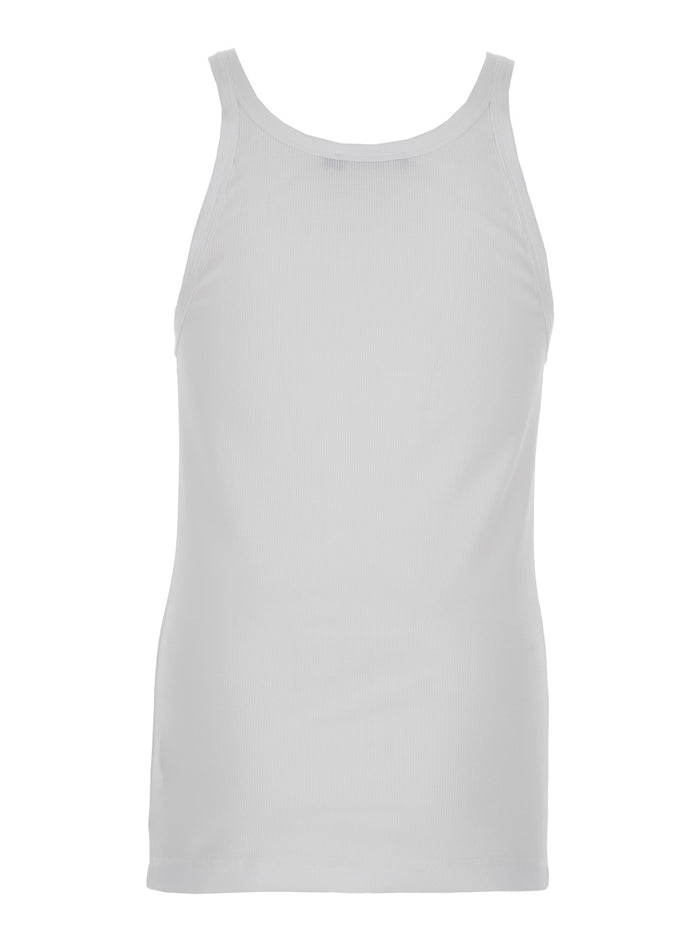 White Sleeveless Top with Logo Embroidery on the Front and Ribbed Knit in Cotton Man Tops