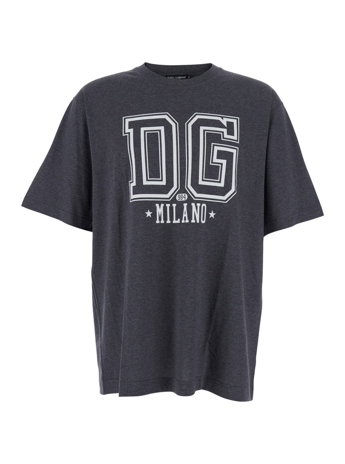 Grey Crewneck T-Shirt with Logo Print on the Front in Cotton Man Tshirts And Polo Shirts