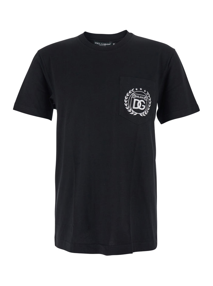 Black Crewneck T-Shirt with Logo Embroidery on the Front in Cotton Man Tshirts And Polo Shirts