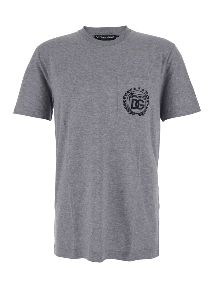 Grey Crewneck T-Shirt with Logo Embroidery on the Front in Cotton Man Tshirts And Polo Shirts