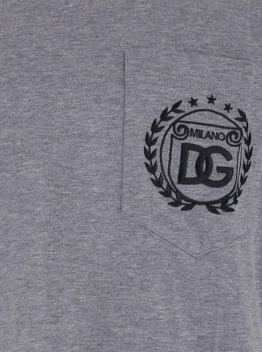 Grey Crewneck T-Shirt with Logo Embroidery on the Front in Cotton Man Tshirts And Polo Shirts