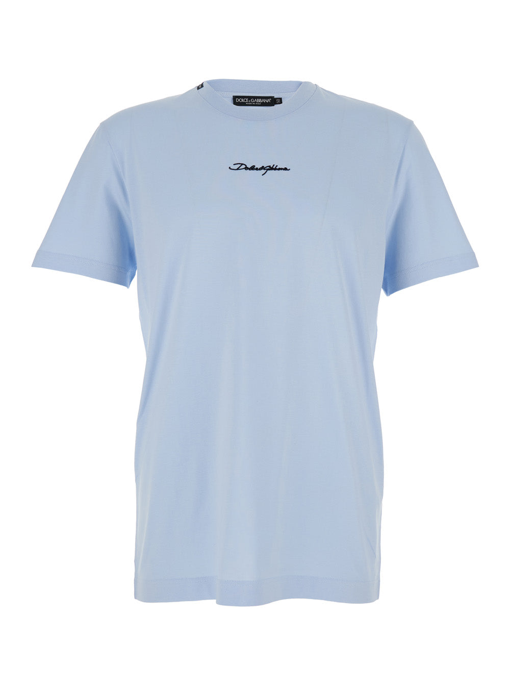 Light Blue Crewneck T‑shirt With Embroidered Logo Lettering On The Front Cotton Man Tshirts And Polo Shirts