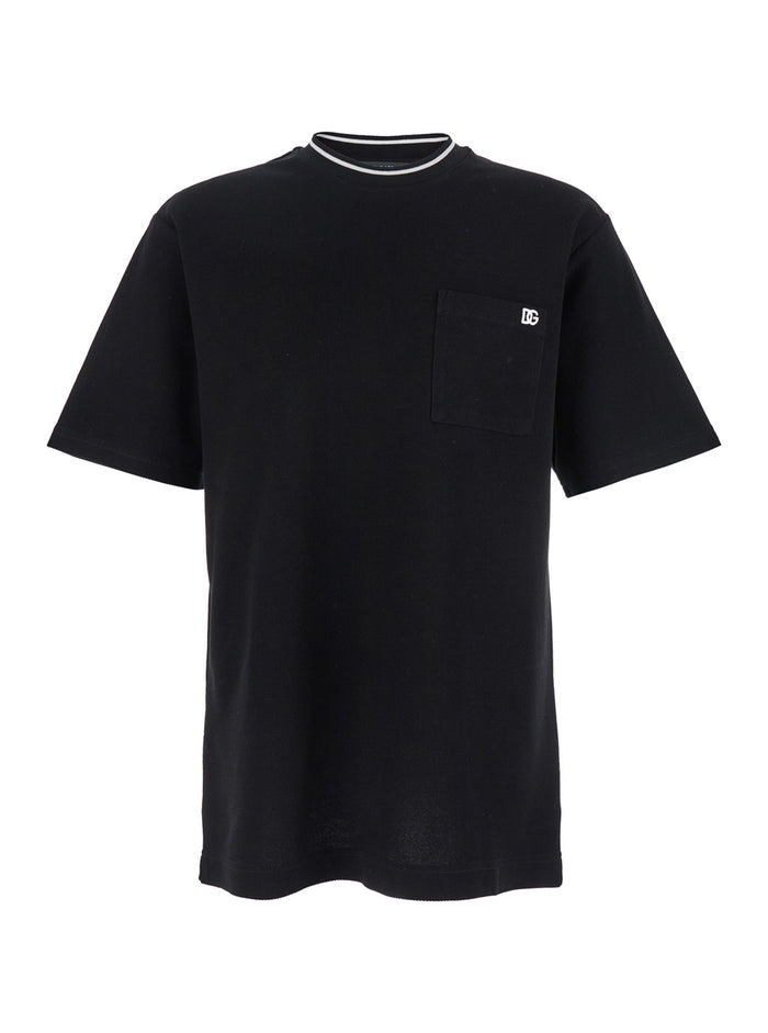 Black Crewneck T-Shirt with Logo Embroidery on the Front in Cotton Man Tshirts And Polo Shirts