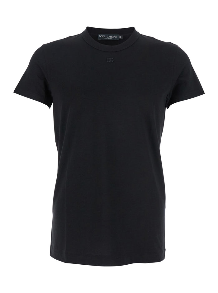 Black Crewneck T-Shirt with Tonal Logo Lettering Embroidery on the Front in Cotton Stretch Man Elastane Tshirts And Polo Shirts