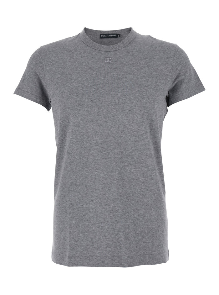 Grey Crewneck T-Shirt with Tonal Logo Lettering Embroidery on the Front in Cotton Stretch Man Elastane Tshirts And Polo Shirts