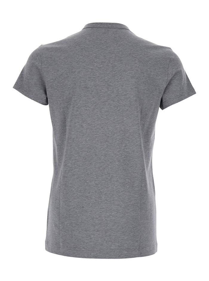 Grey Crewneck T-Shirt with Tonal Logo Lettering Embroidery on the Front in Cotton Stretch Man Elastane Tshirts And Polo Shirts