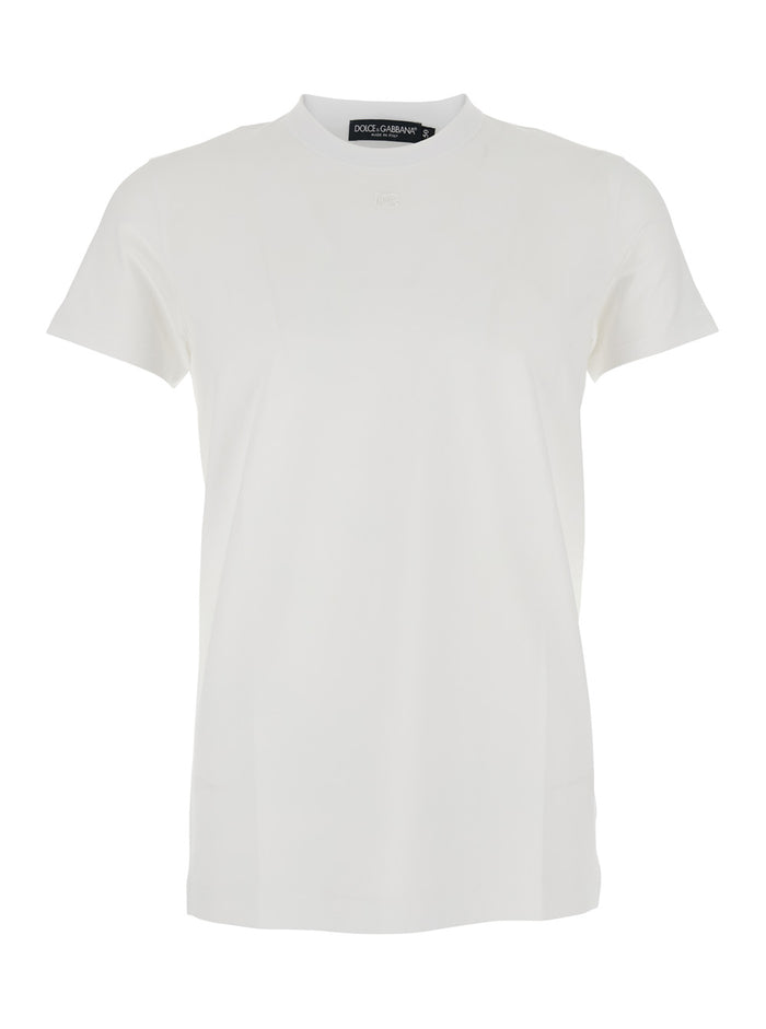 White Crewneck T-Shirt with Tonal Logo Lettering Embroidery on the Front in Cotton Stretch Man Elastane Tshirts And Polo Shirts