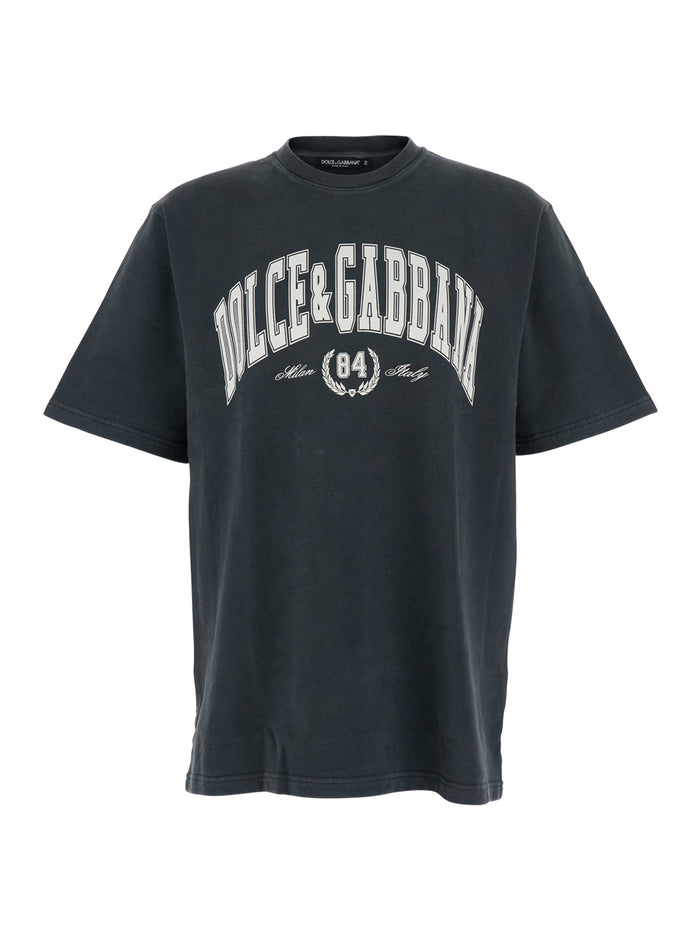 Dark Grey Crewneck T-Shirt with Logo Lettering Print on the Front in Cotton Man Tshirts And Polo Shirts