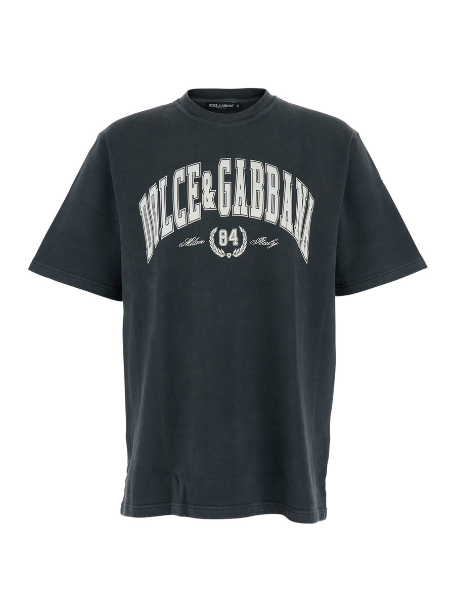 Dark Grey Crewneck T-Shirt With Logo Print Cotton T-shirts