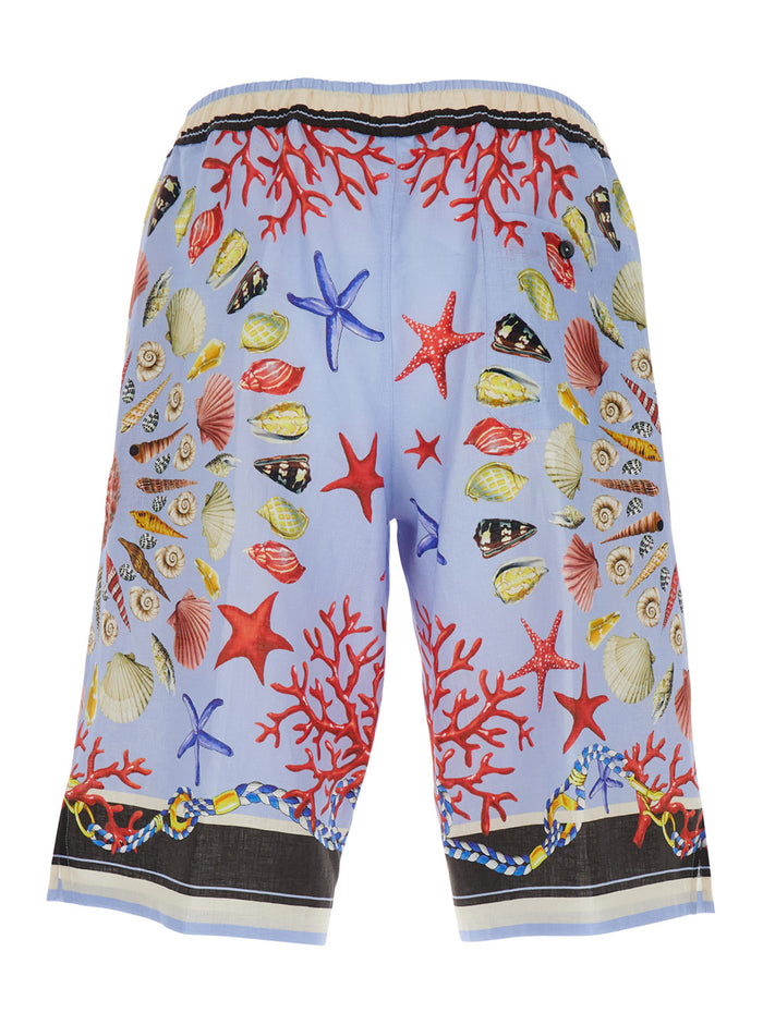 Multicolor Shorts with Elastic Drawstring and All-Over Print in Linen Man Light Blue Bermuda