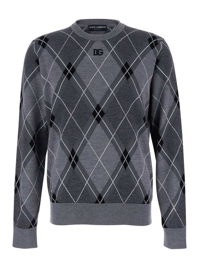 Grey Crew Neck Sweater with Front Logo and Diamond Pattern in Wool Blend Man Silk Virgin Jersey