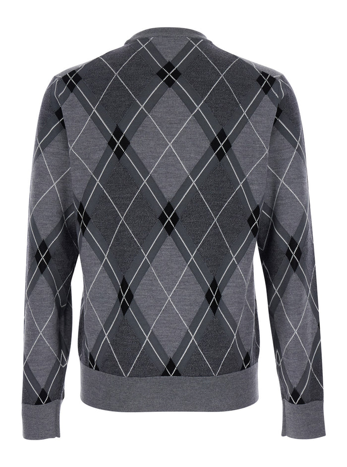 Grey Crew Neck Sweater with Front Logo and Diamond Pattern in Wool Blend Man Silk Virgin Jersey