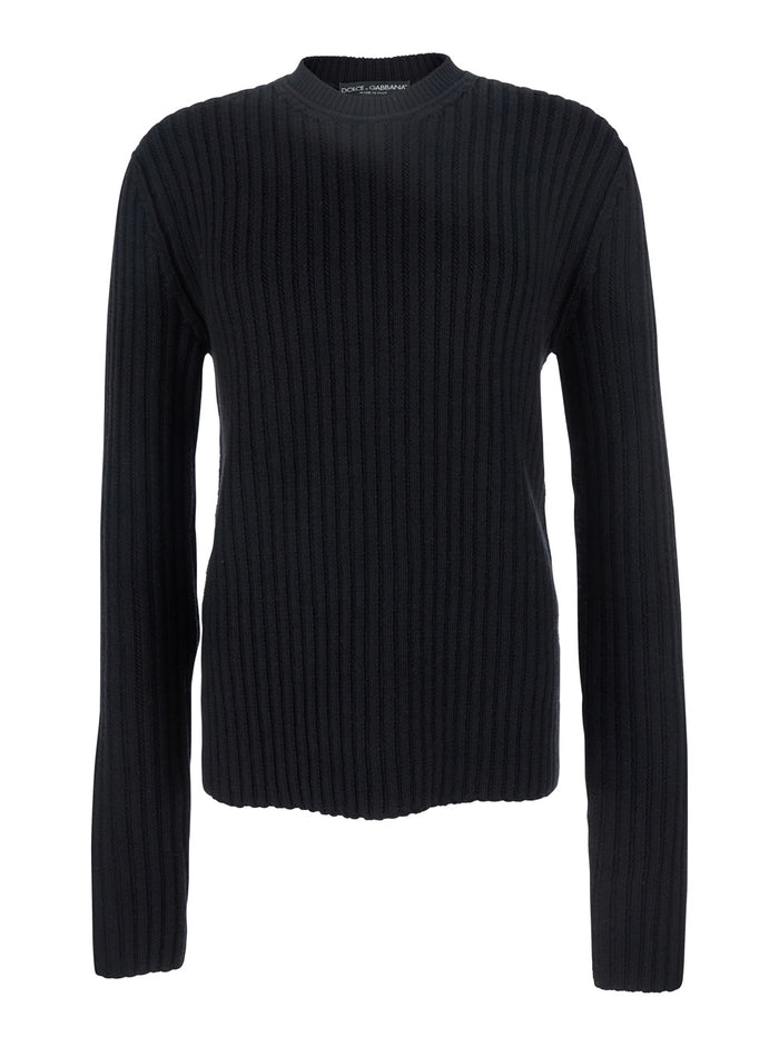 Black Ribbed Knit Crewneck Sweater with Logo Patch on the Rear in Wool Man Virgin Jersey