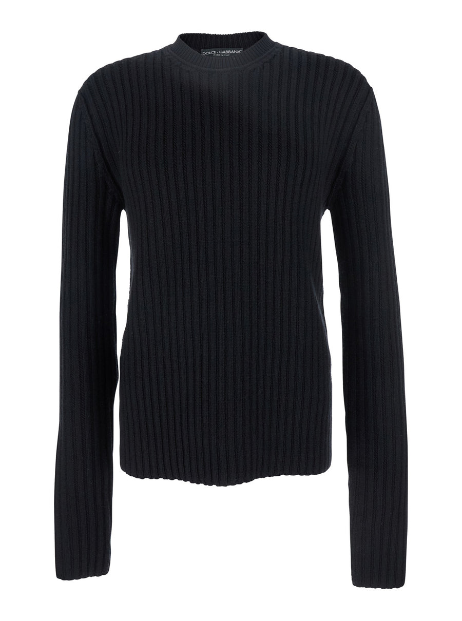 Black Ribbed Knit Crewneck Sweater With Logo Patch Virgin Wool Tops
