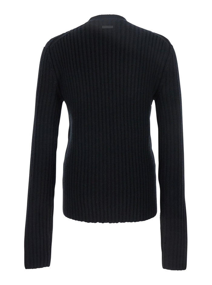 Black Ribbed Knit Crewneck Sweater with Logo Patch on the Rear in Wool Man Virgin Jersey