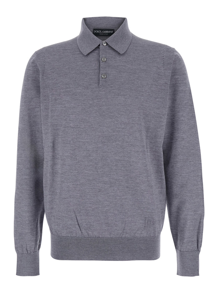 Grey Polo Shirt with Classic Collar and Tonal Logo Embroidery on the Front in Wool Man Virgin Jersey