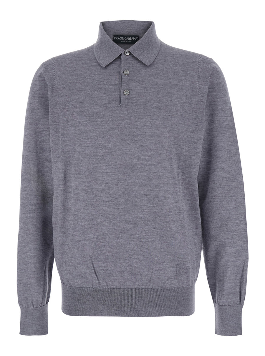 Grey Polo Shirt With Classic Collar Virgin Wool