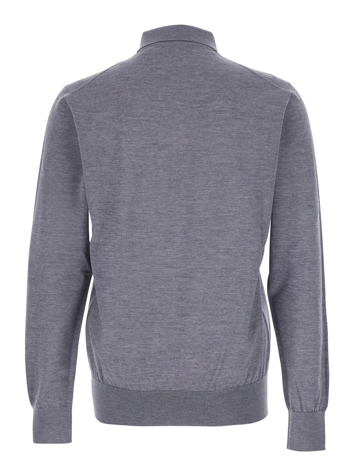 Grey Polo Shirt with Classic Collar and Tonal Logo Embroidery on the Front in Wool Man Virgin Jersey
