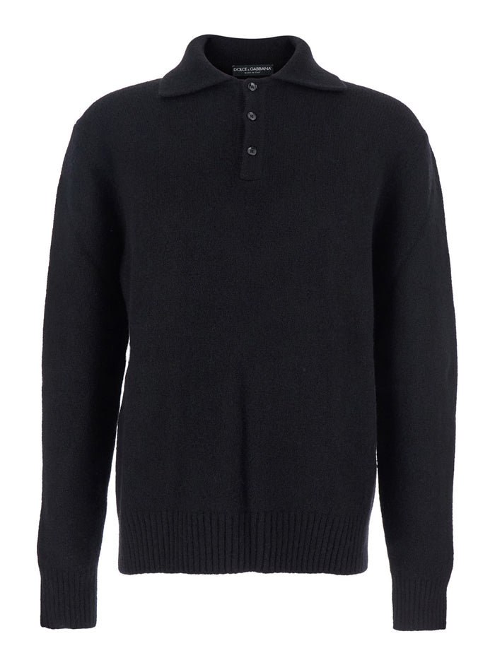 Black Sweater with Polo Collar and Back Logo Patch in Wool Man Polyamide Virgin Jersey