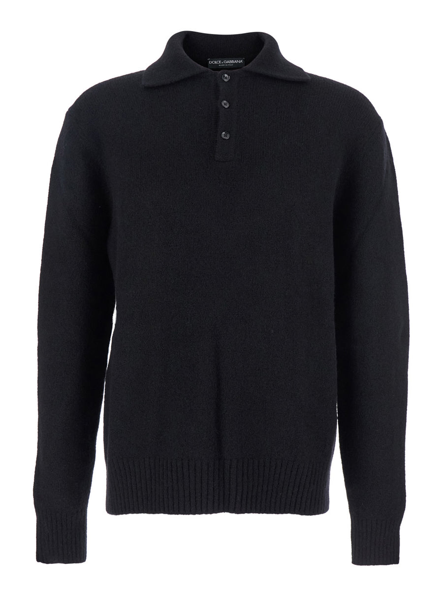 Black Wool Polo Collar Sweater With Logo Patch Polyamide