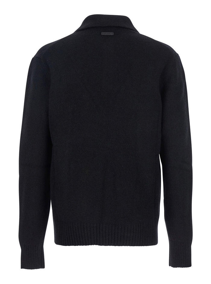 Black Sweater with Polo Collar and Back Logo Patch in Wool Man Polyamide Virgin Jersey