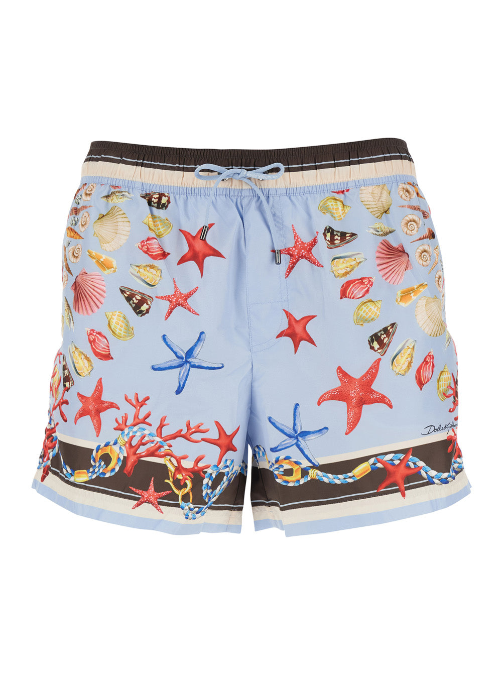 Light Blue Swim Shorts with Drawstring Elastic Waist and All-Over Print in Tech Fabric Man Beachwear