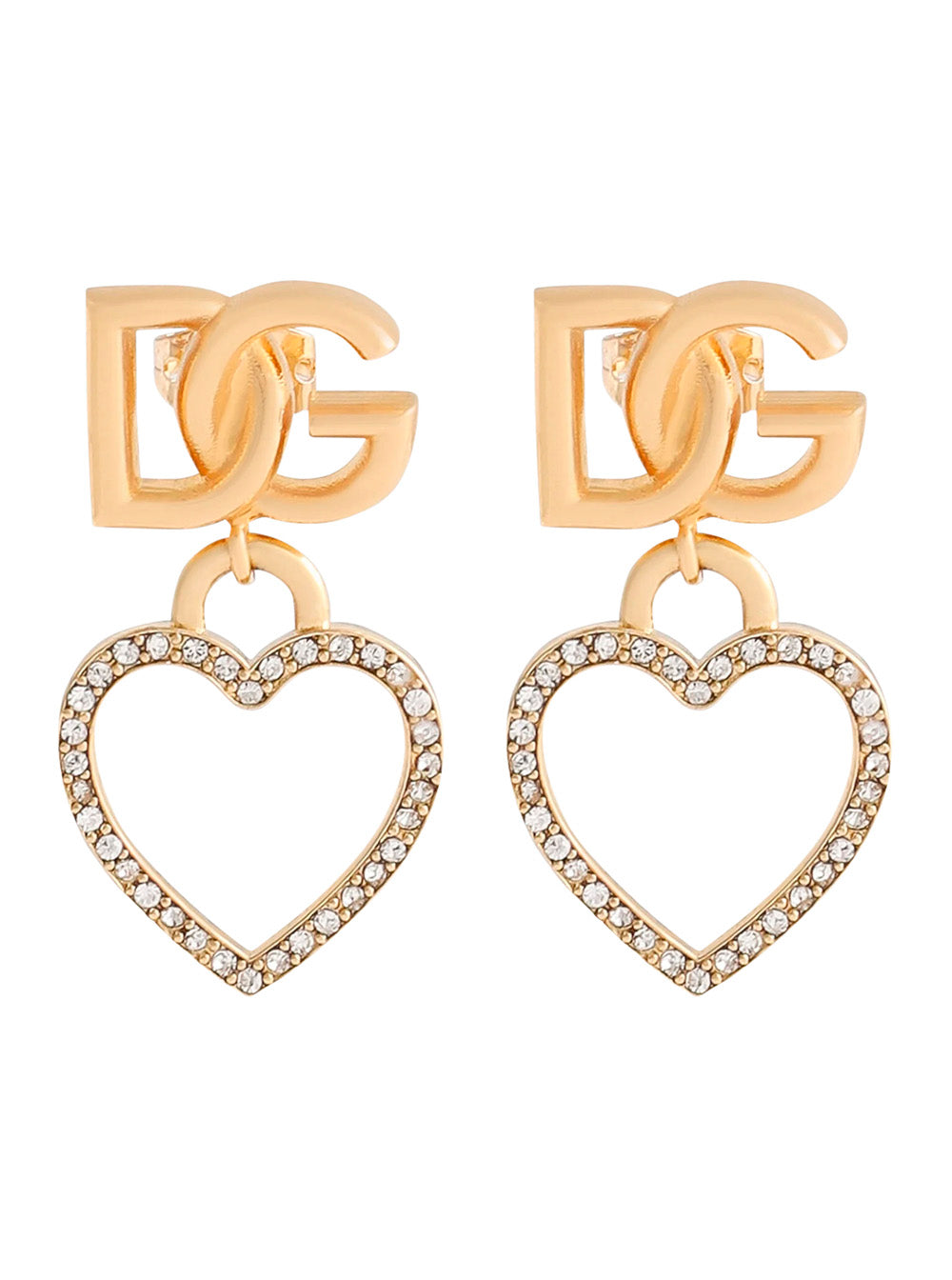 Metallic Earings with Logo Plaque and Heart Pendant in Brass Glass Woman Earrings