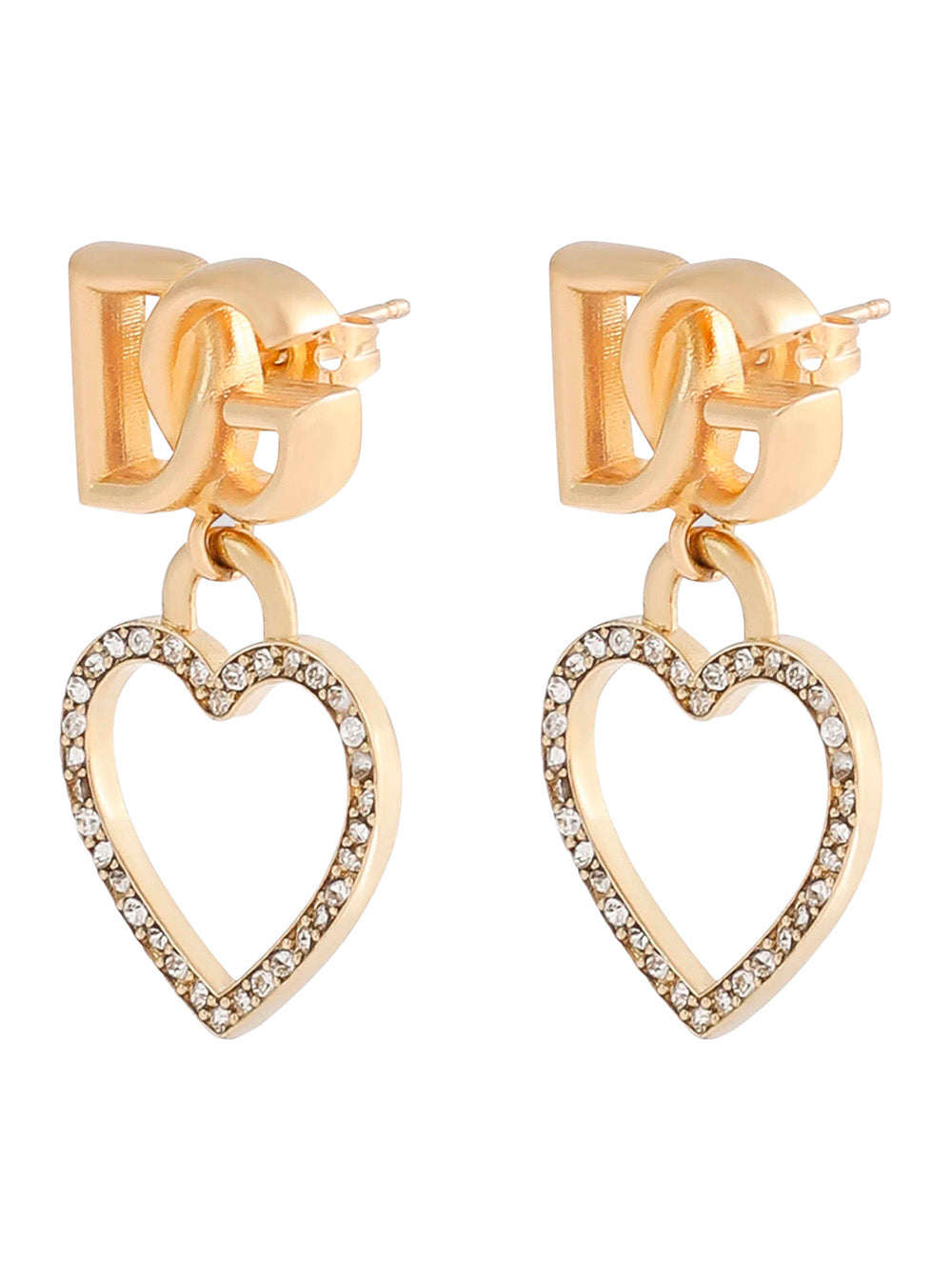 Metallic Earings with Logo Plaque and Heart Pendant in Brass Glass Woman Earrings