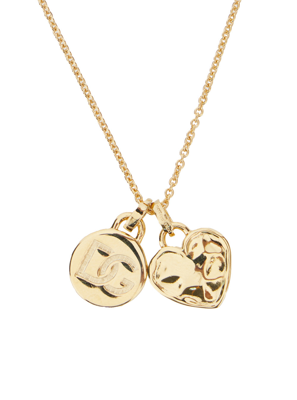 Gold Colored Necklace with Logo Pendant and Heart in Brass Woman Metallic Necklaces
