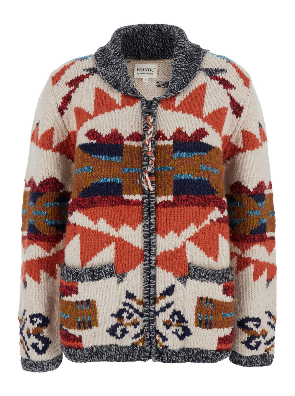 Multicolor Cardigan With Front Zip Closure And All-Over Geometric Motif Wool Woman Merino Jersey