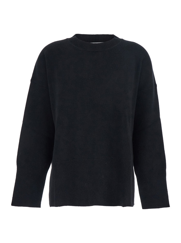 Black Oversize Crewneck Sweater With Ribbed Trims Cotton Woman Jersey