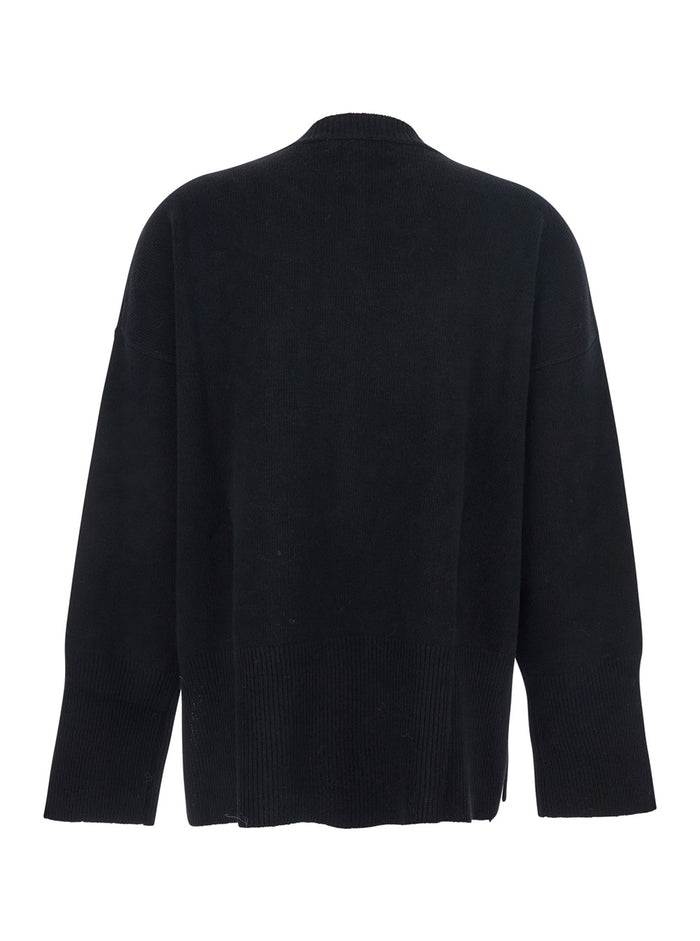 Black Oversize Crewneck Sweater With Ribbed Trims Cotton Woman Jersey