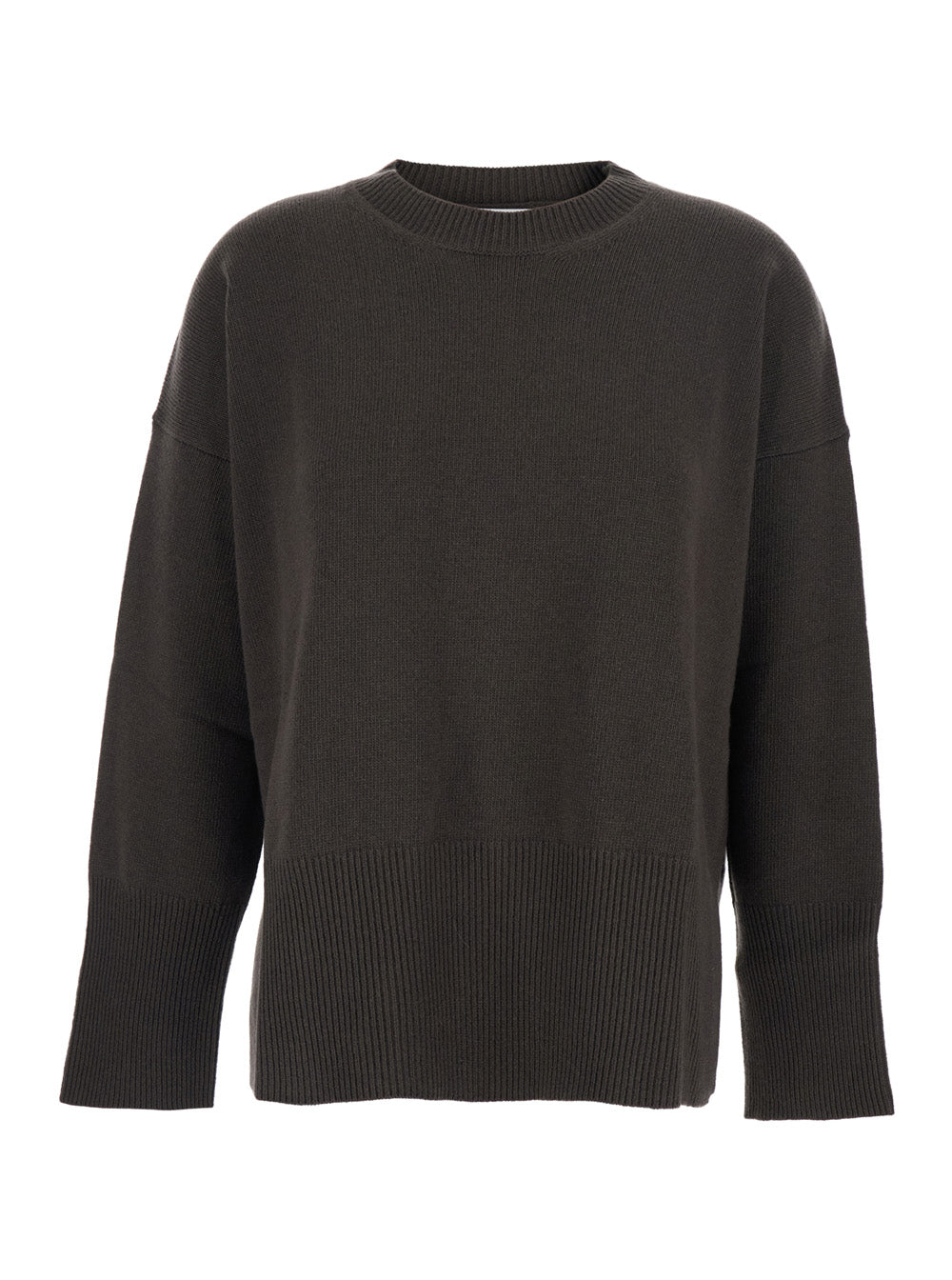 Brown Oversize Crewneck Sweater With Ribbed Trims Cotton Woman Jersey