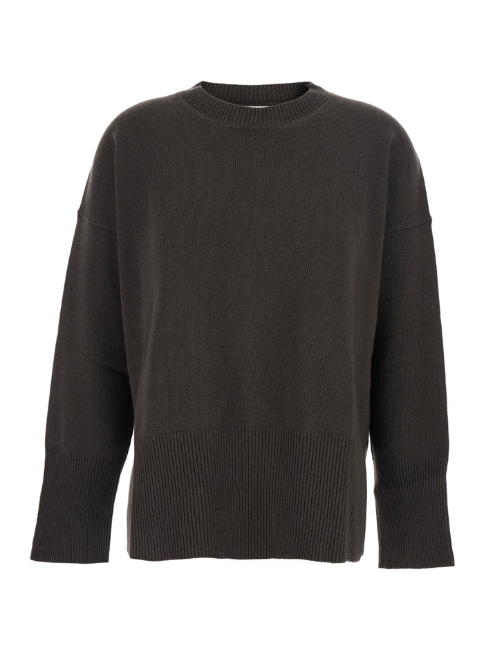 Brown Oversize Crewneck Sweater With Ribbed Trims Cotton Woman Jersey