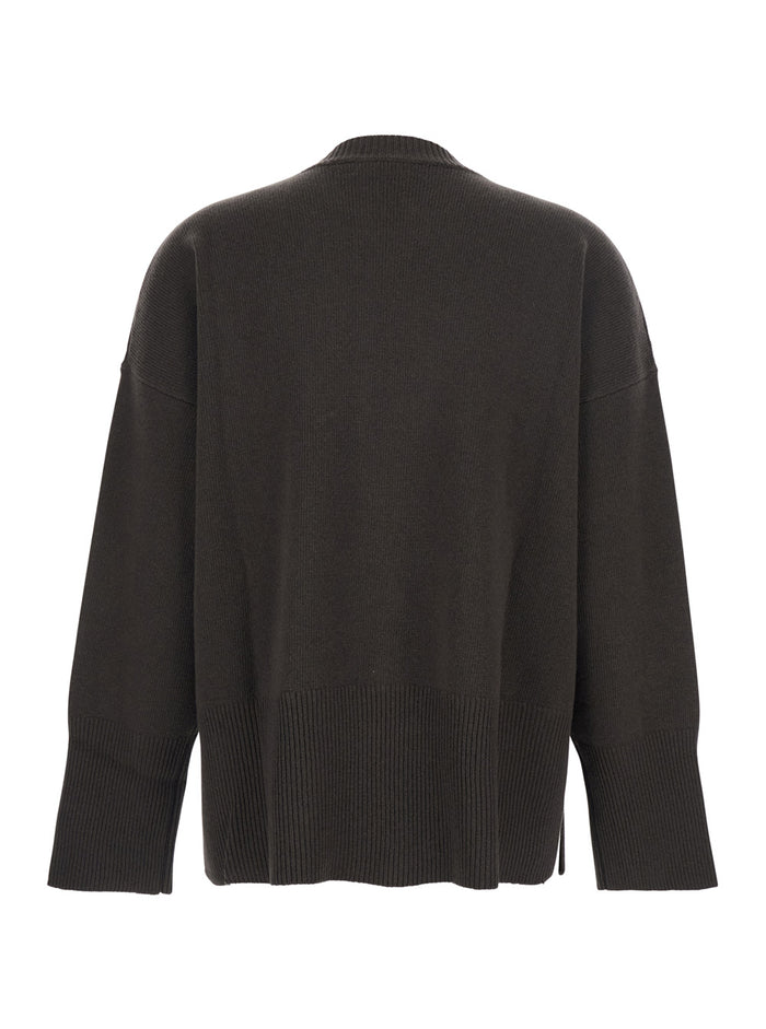 Brown Oversize Crewneck Sweater With Ribbed Trims Cotton Woman Jersey