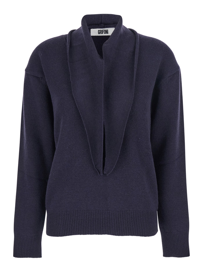 Blue Sweater With V Neck And Ribbed Trims Wool Woman Blu Jersey