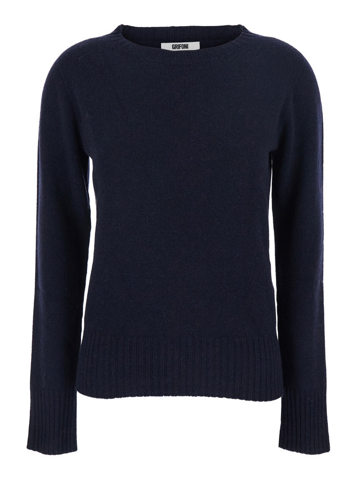 Blue Crewneck Sweater With Ribbed Trims Wool Woman Blu Jersey