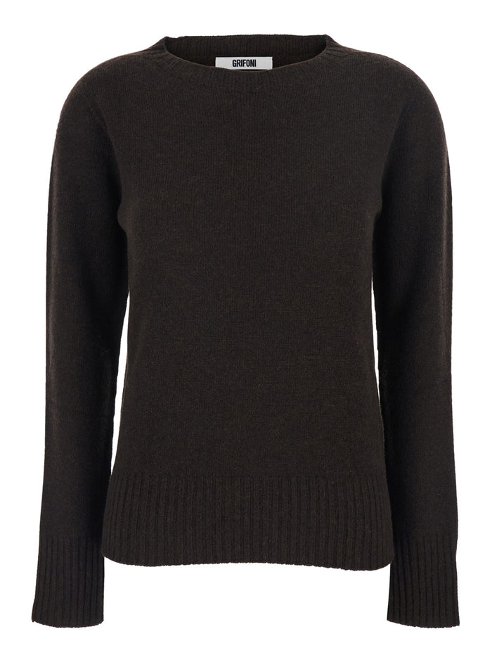 Brown Crewneck Sweater With Ribbed Trims Wool Woman Jersey