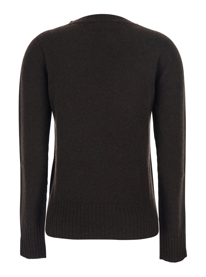 Brown Crewneck Sweater With Ribbed Trims Wool Woman Jersey