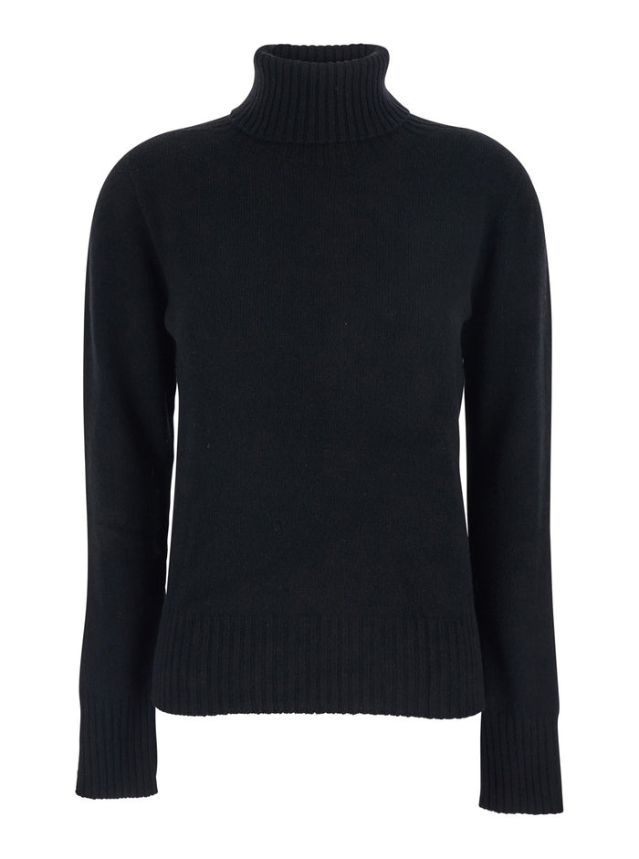 Black Turtleneck Sweater With Ribbed Trims Wool Woman Jersey