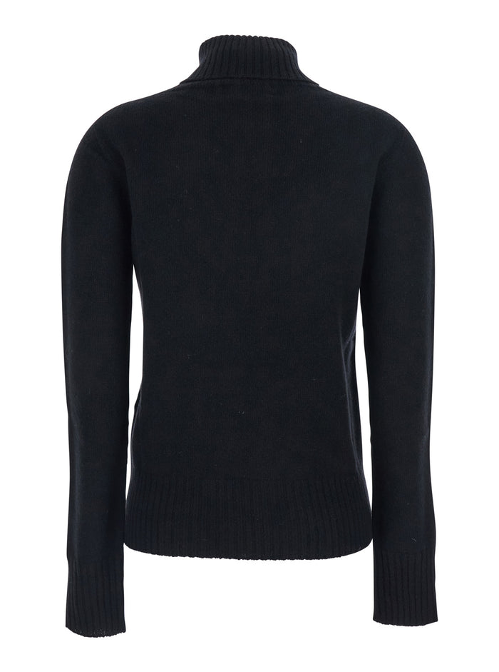 Black Turtleneck Sweater With Ribbed Trims Wool Woman Jersey