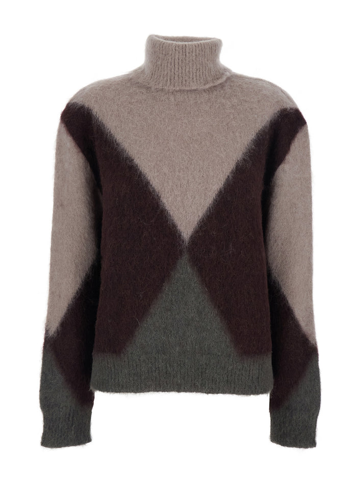 Multicolor Turtleneck Sweater With Geometric Motif And Brushed Effect Wool Woman Jersey