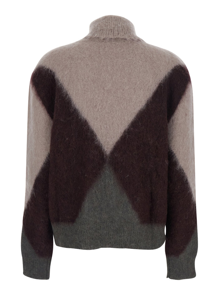 Multicolor Turtleneck Sweater With Geometric Motif And Brushed Effect Wool Woman Jersey
